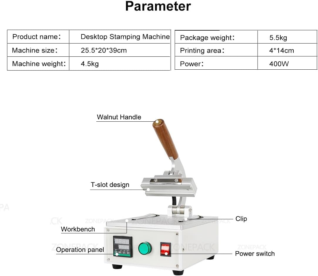 ZONEPACK Manual Hot Foil Stamping Machine for Leather PVC Paper Cards Embossing Adjustable Temperature