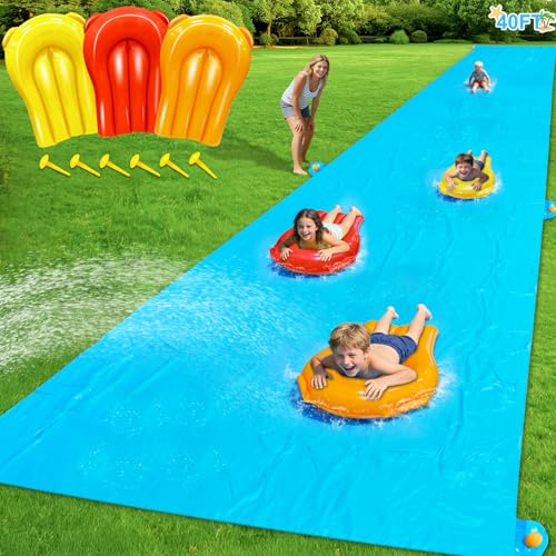 40 * 7Ft Extra Long n Width Slip Water Slide, Heavy Duty Lawn Water Slides and 3 Bodyboards 6...
