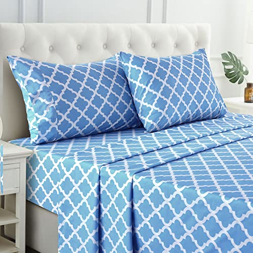 Lux Decor Collection Bed Sheets - 4 Pc Queen Size Sheets - 1800 Thread Count Brushed Microfiber Sheets - 16 Inches Deep Pocket Bedding Sheets & Pillowcases (Queen, Quatrefoil Aqua Blue) #TOP29