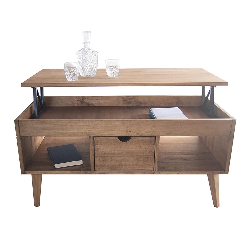 LoMasCasa - Mesa de Centro Elevable Modelo Karla con Cajón Deslizante Central, Madera Maciza de Pino Natural en Color Madera Encerada. Patas Cónicas. Medidas 100 x 50 x 47 cm