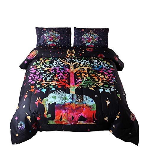 Meeting Story 3PC India Bohemian Comforter Bedspread Elephant,with Colorful Tree Boho Mandala Microfiber Quilt Bedding Sets (Black-Multi)