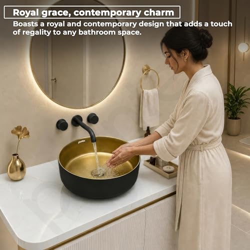 Image of Plantex Table Top Wash Basin for Bathroom /Designer Ceramic Basin /Round Countertop Vessel Sink Basin for Home /Office /Hotel (Black & Gold - 14 x 14 x 5 Inch)