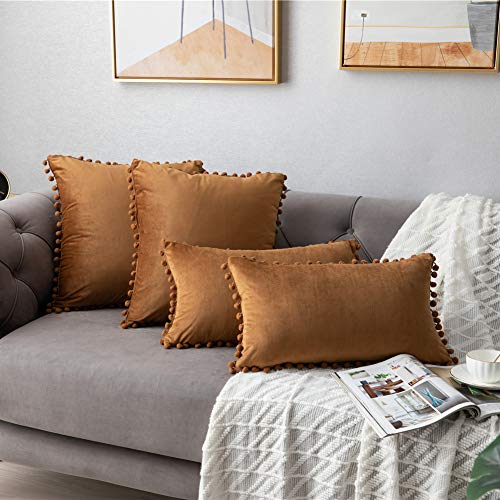 Dezene Throw Pillow Cases 12X20 Coffee: 2 Pack Cozy Soft Pom-Poms Velvet Rectangular Decorative Pillow Covers For Farmhouse Home Decor #TOP2