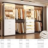 Aheaplus Closet System, 6-15Ft Closet Organizer with 8 Wooden Drawers, Wood Closet Organizer System with Tower, Walk-in Closet Organizer Wardrobe Clothes Rack with 4 Hanging Rods, Garment Rack, White