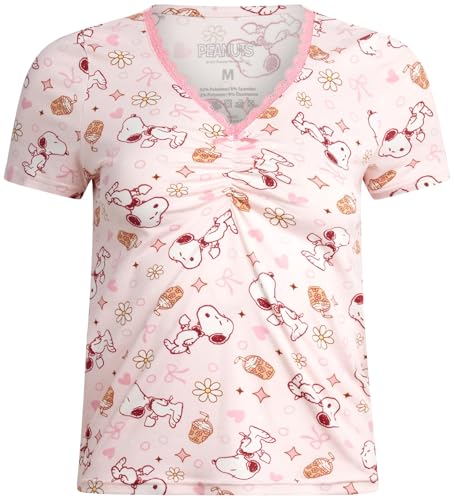 Image of COCO BRANDS Peanuts Snoopy Strawberry Shortcake Womens Pajama Sets - 2 Piece Short Sleeve Sleep Shirt and Pajama Shorts
