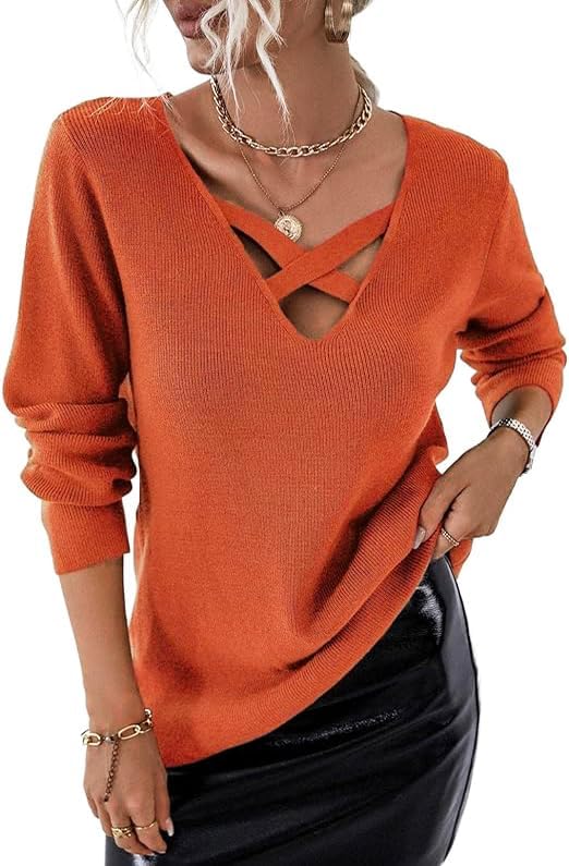 Criss Cross V Neck Top for Women Pumpkin Thanksgiving Long Sleeve Christmas Sweater Crewneck Leopard Sweatshirt