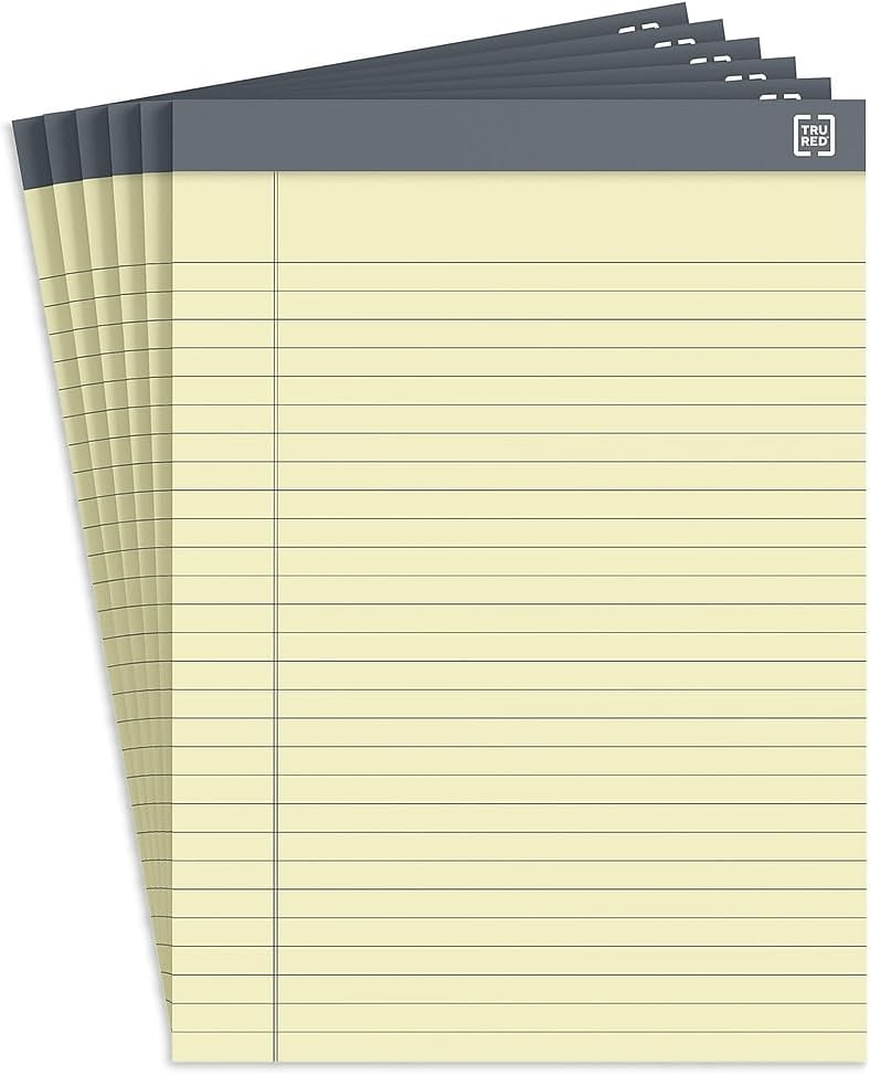 TRU RED Achieve Wide Ruled Canary Notepads 8.5x11.75 Perforated Top-Bound 50 Sheets 6-Pack Office Supply