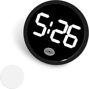 Car Digital Clock, Touch Night Light LED Display Screen Clock, Round Shock-Resistant Alloy Dashboard Watch with 12H System, Self-Adhesive Mini Watch for Car & Home & Office White