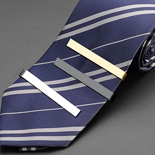Roctee 3 Pack Skinny Tie Bar Clip Set, Suit Tie Clips for Men, Tie Necktie Clasp Pinch Clip on Tie, Suitable for Business Metting Wedding Anniversary Best Gift (Silver Gold Black)
