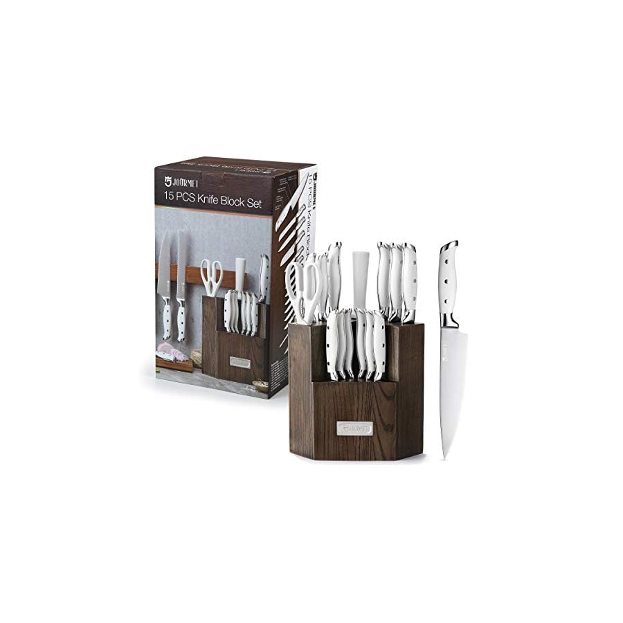 Jourmet 15PC Knife Block Set, Knife Set with Block for kitchen, High Carbon Stainless Steel Blade Kitchen Knife Set with Block and Knife Sharpener