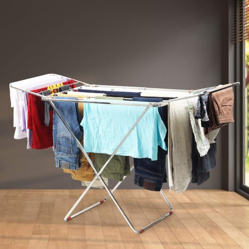 Image of H Houseware Stainless Steel Foldable Clothes Drying Stand (162 x 47 x 83 cm) | Heavy Duty Rust Resistant Laundry Drying Rack | Portable Indoor Outdoor Drying Stand | Space Saving Folding Rack