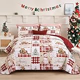 WONGS BEDDING Christmas Patchwork Quilt Set Queen Size 3 Pieces Plaid Red Bedspreads Reindeer Snowman Printed Coverlet Sets Christmas Trees Quilted Coverlet Set for All Season with 2 Pillowcases