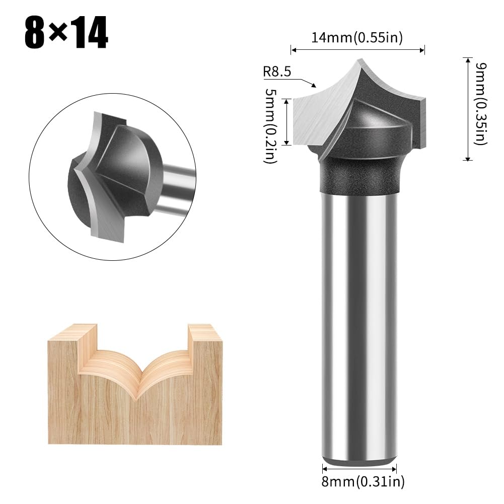 Set di 4 Punte per Fresa, Diametro Gambo 8 mm, Arrotondata e Rotonda, per Legno, Utensili per la Lavorazione del Legno