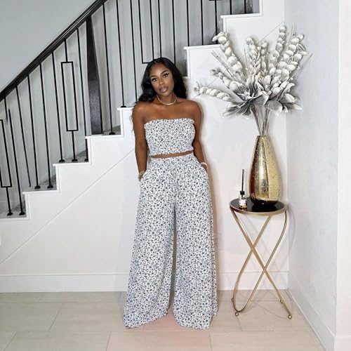 Image of Two Piece Sets for Women Summer Outfits Crop Tops and Wide Leg Pants Sets Sexy Jumpsuits Vacation Outfits with Pockets