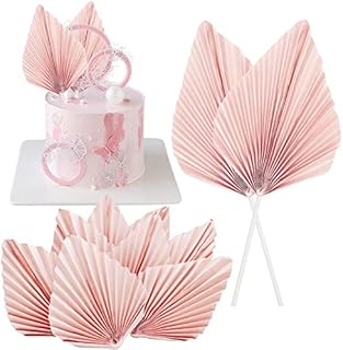 Pink Paper Palm Fan Cake Toppers, Wieat 8 Pcs Happy Birthday Cake Decorations, Palm Spear Leaf Cupcake Toppers Cake Insert Decoration, Craft DIY Bakeware Decoration for Birthday Party Wedding Supplies