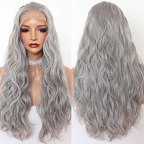 PlatinumHair Gray Long Loose Curly Hair Synthetic Lace Front Wigs Dark Roots Long Loose Curls Lace Front Wig Heat Resistant for Women 24 Inches