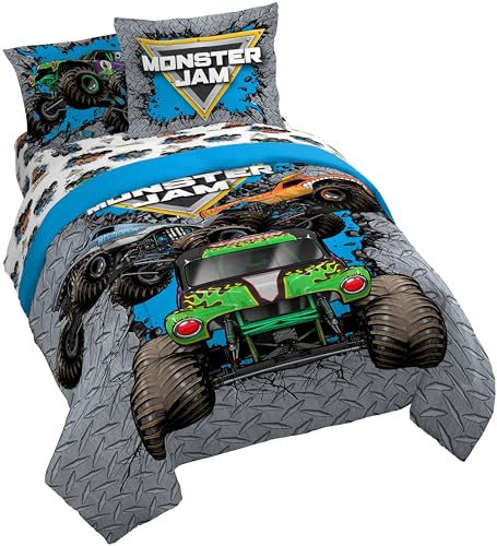 Image of Monster Jam Queen Comforter Set 7 Piece Kids Bedding for Boys, Gray | Grave Digger Megalodon, Bed in a Bag, Comforter Sheets Shams Pillowcases, Soft Microfiber, Machine Washable, Boys Gift