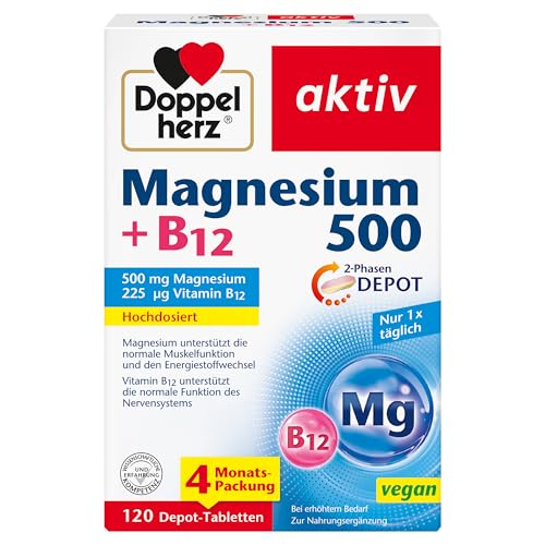Doppelherz Magnesium 500 + B12 2-Phasen - Hochdosiert mit 500 mg Magnesium pro Depot-Tablette - vegan - 120 Tabletten
