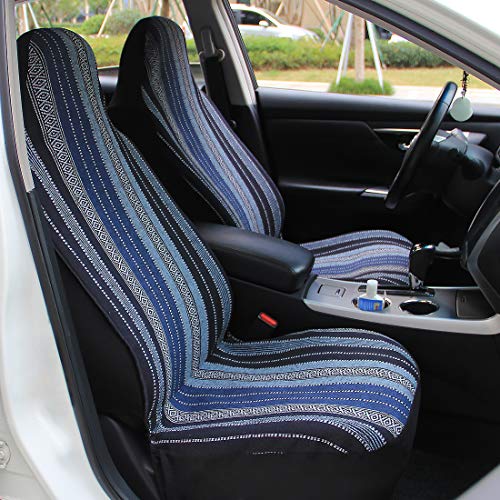 Copap Blue Stripe Front Baja Blanket Bucket Seat Cover 4Pcs Universal Colorful Saddle Blanket With Seat-Belt Pad Protectors For Car, Suv & Truck (2 Seat Covers+2 Seat Belt Covers) #TOP1
