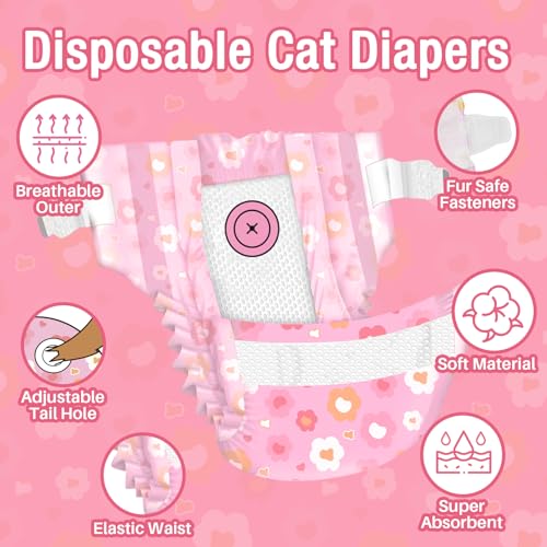Image of Pet Soft Disposable Cat Diapers - Diaper for Female & Male Cats, Puppy Doggie Diapers for Female Dogs with Adjustable Foam Tail Hole, Medium (24Pcs, PK Flowers)