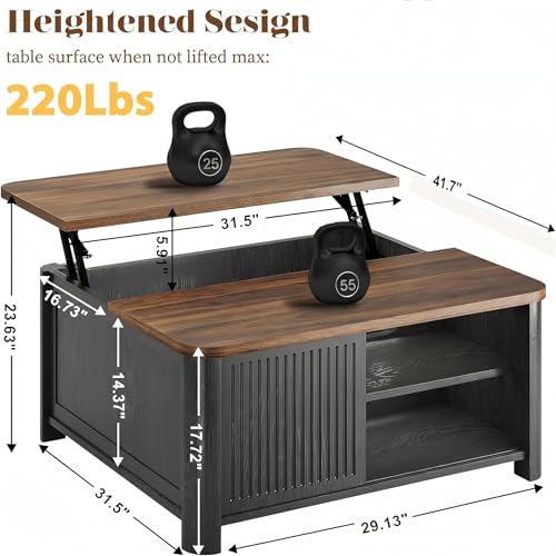 Decofy Lift Top Coffee Table with Storage Adjustable Shelves & Sliding Door - Image 2