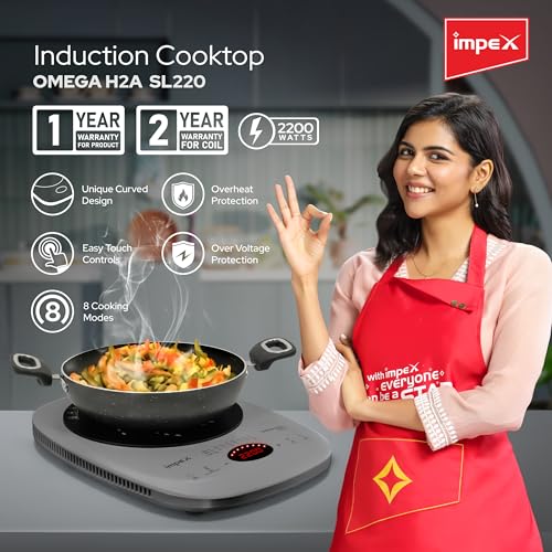Image of Impex 2200 Watt Induction Cooktop With Full Touch Control | 4 hours Timer Function | Crystalline glass top | Overheat Protection & Auto Turn-Off | 2 Year Warranty | OMEGA H2A SL220