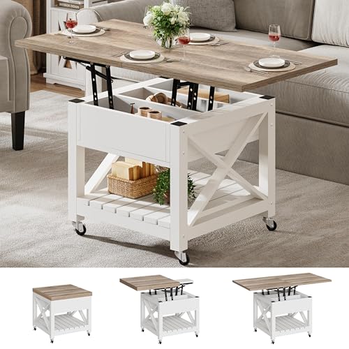 YITAHOME Lift Top Coffee Table with Wheels, Farmhouse Square Coffee Tables for Living Room, 2 Tier Small Coffee Table with Storage Compartment Rustic Wood Cocktail Table Dining Table, Grey Wash