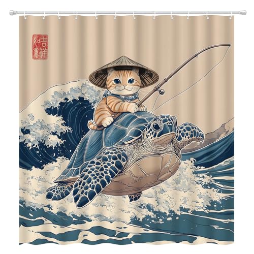ZQANZQ Japanese Cat Shower Curtain Cute Cat Riding Turtle Vintage Blue Ocean Waves Asian Abstract Sea Animal Funny Bathroom Curtains Set with Hooks