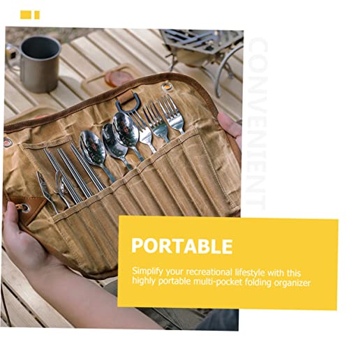 TOPBATHY Camping Cutlery Pouch Picnic Bag Portable Tableware Bag Hanging Organizer, Khaki, 42x26.5cm - Image 4