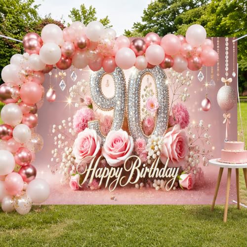 Image of Nuxovilar 90th Birthday Banner - Elegant Pink & Gold Floral Backdrop