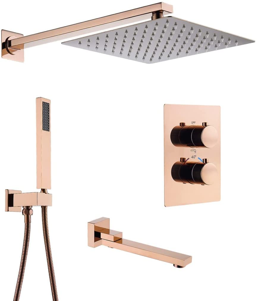 WXPGFEQ Rose Gold Shower System Thermostatic Set Shower Faucet Set With Tub Spout Wall Mount Rainfall Shower Head System With Handheld Sprayer Shower Set,12 Inch,12 Inch,12 Inch