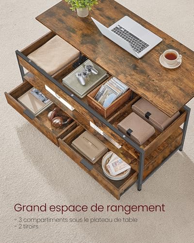 Table basse plateau relevable avec tiroirs et rangement ouvert marron noir VASAGLE - 7