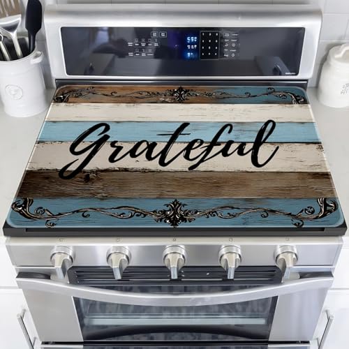 Image of Grateful Stove Top Cover for Electric Stove, Imitation Wood Pattern Range Covers, Blue White Funny Range Top Mats, Glass Cooktop Covers 28x20 inch, Vintage Cooktop Cover for Kitchen Home Decor