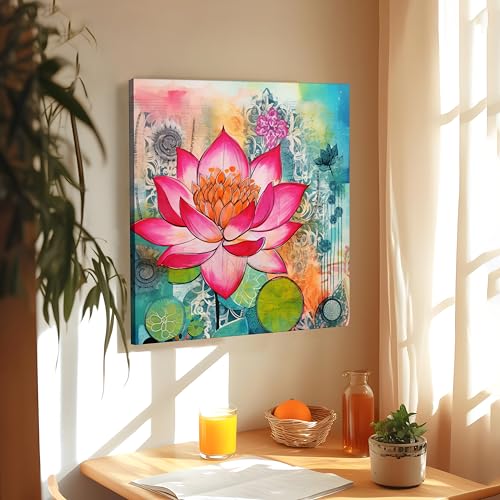 Image of PAINTINGMANTRA Multicolor Abstract Stretched Canvas Lotus Wall Art Painting for Living Room Bedroom Office - Pink Green Orange Gallery Wrap Frameless Canvas Wall Decor Painting (56x56 cm)