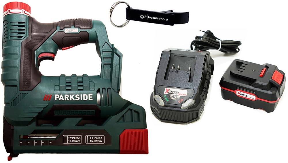 HEADNMORE® Paquete – 1 grapadora Parkside de 20 V con batería PAT 20 + 1 llavero HEADNMORE® (1 batería de 4 Ah)