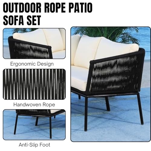 Image of DEVOKO Outdoor 3 Piece Rope Patio L-Shape Sofa All Weather Washable Cushion with Center Table for Garden, Pool, Deck, Balcony, Backyard (Black & Cream)