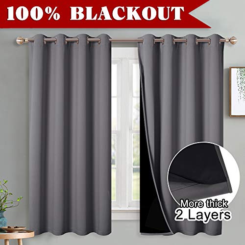 PONY DANCE 100 Percent Blackout Liner Curtains - 63 inch Drop Sun Light Blocking Grey Curtain Panels with Eyelet Top for Bedroom Thermal Insulated Window Treatment, 2 Pieces, W 52" x D 63", Grey
