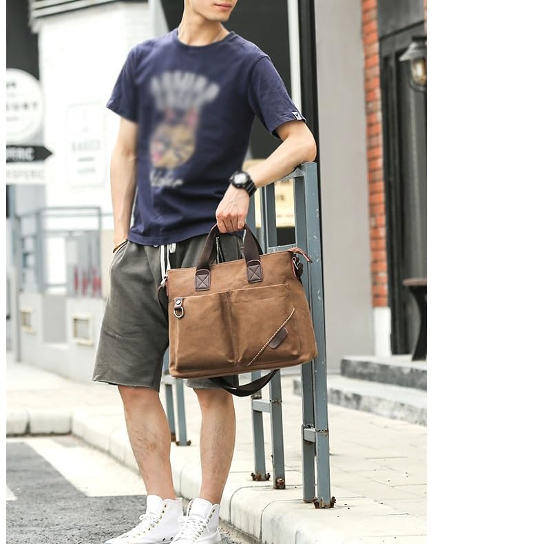 Men Washable Canvas Bag Leather Briefcase Travel Suitcase Messenger Shoulder Tote Pack Handbag4