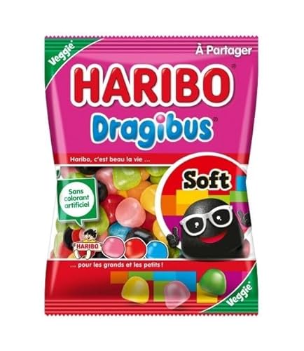 Haribo Dragibus Soft Veggie – 350g (12.35oz) – Assorted Fruit Flavored Chewy Candy – GELATIN FREE – VEGAN FRIENDLY – Naturally Colored – Authentic French Candy