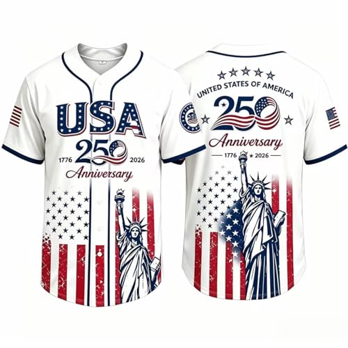 USA Jersey Patriotic USA 250th Anniversary Baseball Jersey Statue of Liberty Print Shirt American 250 Years Flag Button Down Shirts Breathable Short Sleeve Polo Tee