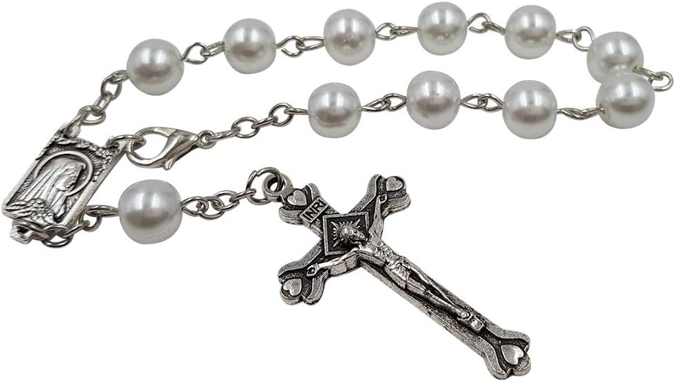 Treasure4U-Store One Decade Auto Rosary for Rearview Mirror White Pearl Glass Beads Catholic Bracelet Our Lady of Lourdes Centerpiece Religious Gift Car Truck Travel Protection - Image 5