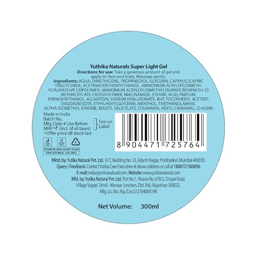 Image of Yuthika Super Light Gel Face Moisturizer With Hyaluronic Acid 300ml | Oil-Free & Non Sticky | Deep Hydration | Face Gel For combination & Oily Skin | Moisturizer Cream For Women & Men