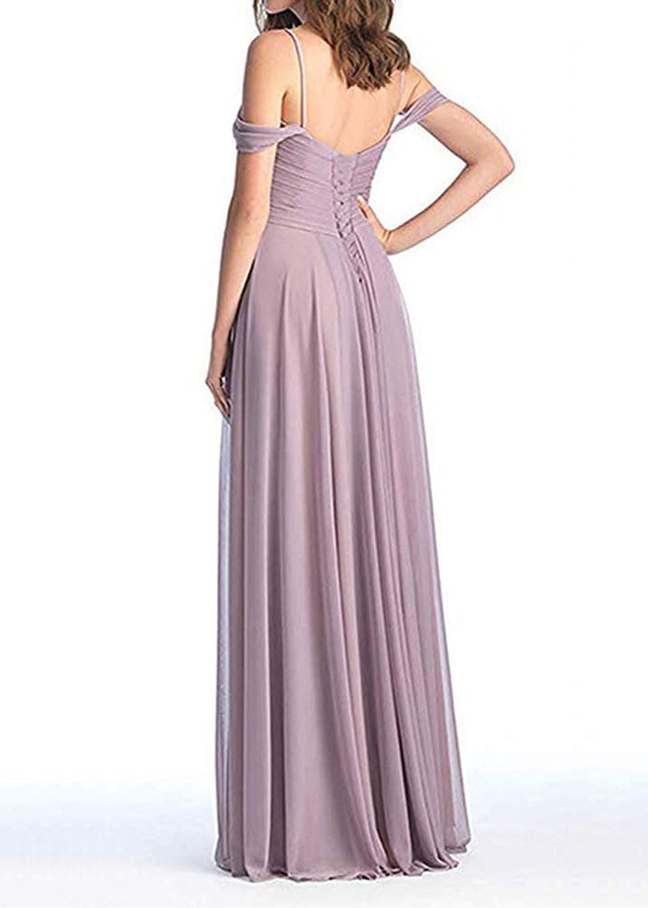 ORANDESIGNE Damen V-Ausschnitt Abendkleid A-Linie Chiffon Off Shoulder Brautjungfernkleid Elegant Lange Partykleider Spaghettiträger Hochzeitsgastkleid Abschlusskleid Ballkleid