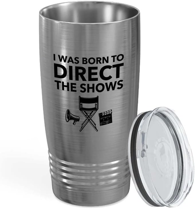 Filmmaker Silver Tumbler 20oz - I was born to direct - Filmmaker Gifts Camera Lens Cut Prop Director Movie Film Scriptwriter