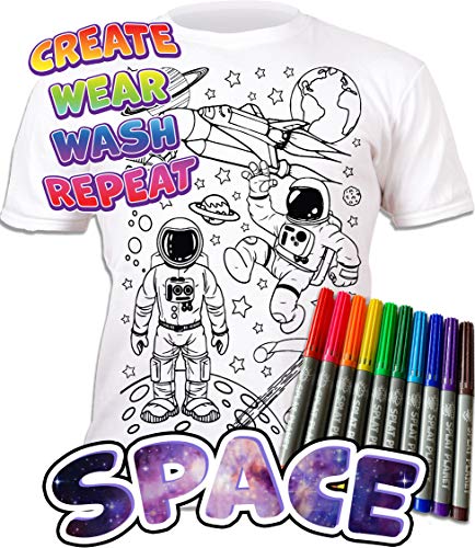 Image of Splat Planet Colour-in Space Man and Space Rocket T-Shirt with 10 Non-Toxic Washable Magic Pens - Colour Your Own, Colour-in and Wash Out T-Shirt