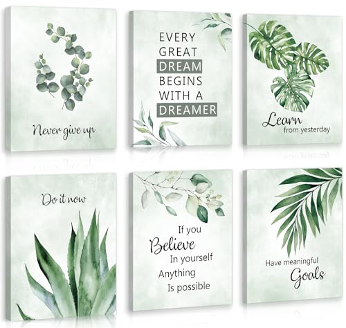 Image of CHDITB Inspirational Plant Art Office Decor, Positive Affirmations Wall Decor, Botanical Canvas Motivational Framed Wall Art,Set Of 6(8x10 Inch) Eucalyptus Leaves Sage Poster For Classroom Home Decor