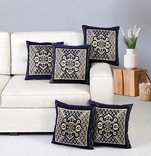 Image of Nendle Jacquard Weaved Decorative Velvet Cushion Cover /Sofa Pillow Cover 500 TC Set Of 5 Pieces (Navy Blue, 16X16 Inches)