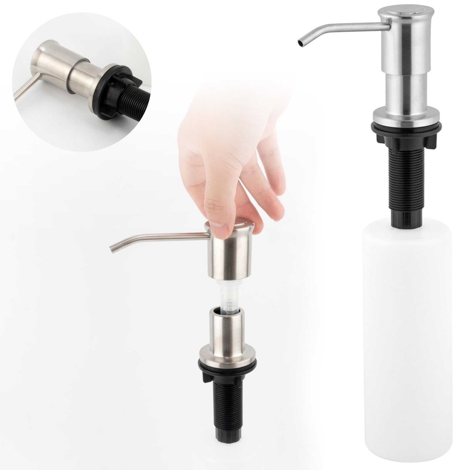 Maizoon Dispenser di sapone integrato per cucina in acciaio inossidabile 304 con bottiglia da 500 ml e tubo di prolunga da 100 cm, dispenser per sapone per le mani, argento spazzolato