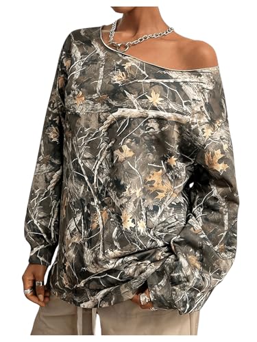 Women's Y2k Camo Shirt Tropical Graphic Off The Shoulder Sweatshirt Oversized T Shirts Long Sleeve Camouflage Tee Top