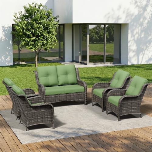 Image of 5 Piece Outdoor Wicker Patio Furniture Set, Patio Chairs Set with Thickened Olefin Cushions, High Back and Deep Seating, Hand-Woven PE Rattan for Porch, Deck